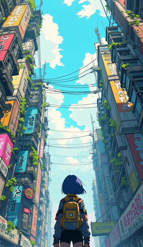 An anime-style scene in a futuristic, cyberpunk cityscape viewed using a fisheye lens from a very low angle, looking up at the towering, worn-down buildings. The buildings feature large, colorful billboards and neon signs, blending decayed urban structures with futuristic technology, some are slightly overgrown with patches of greenery. Overhead, there are interconnected bridges and wires stretching across the sky, which is bright with soft clouds. Among the tall buildings, at the bottom right corner of the image is a young girl with short, dark blue hair stands with her back to the viewer, wearing a backpack and a jacket adorned with patches. She gazes upward in awe, overwhelmed by the towering structures. The buildings are mostly situated at the left side of the image, the buildings are so tall that they penetrate into the clouds in the sky. The scene is full of vibrant colors and detailed line work, typical of anime-inspired art.