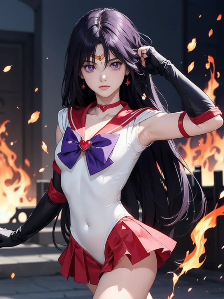  sleeveless,Armpit Show,( Surreal ,32K, masterpiece:1.2),( highly detailed skin that destroyed the city:1.1),(  high quality:1.1),
 ePSM Sailor Mars , 1 GIRL WITH HIM, Alone, Pretty Girl Senshi Sailor Moon Mars-08:1.0>,( purple eyes:0.7), Purple Hair,   very long hair  , bow, bowtie, purple bow, purple bowtie, chest, brooch,  choker, elbow Gloves, gem, Gloves, heart, heart brooch, JEWELRY,red bow, red  choker, red gemstone,   Red Sailor Color  , shirt, Short sleeve, star (symbol), star  choker, white Gloves, white  leotard, white shirt, leotard,   miniskirt ,  pleated skirt,  red skirt , Thigh length,Combat Stance, (巨大なchest, 大きなchest:1.2),(Glow Wave:1.1), Hell's Fire Enchanted Paradise , Magical Garden, Eternal Bliss ,  The Realm of Magic and Harmony , Pillars of Fire ,  Blurred Background,   outside