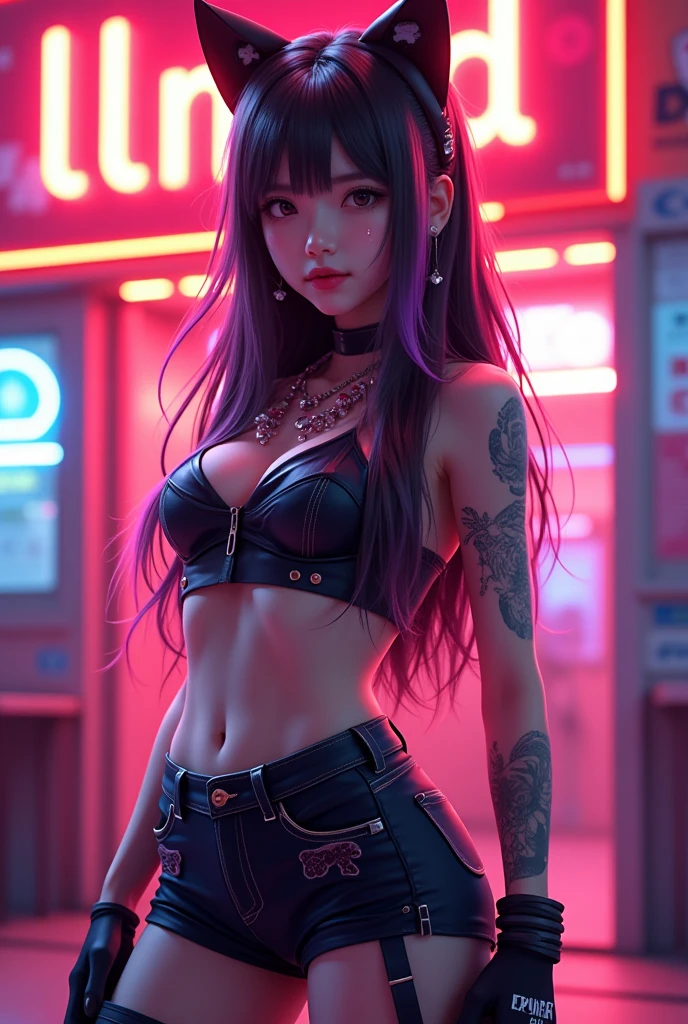 1 woman, Long multi-colored hair, Fashion hair tie ,  hair jewelry ,  black cat ear headband ,  pink lips ,  thin smiling face , Put on clothes, Neon, high-heels,  tattoo on upper arm , stand, Dynamic, Fire signs, Fire signsNeonเขียน "ln", Anime, Wide angle view,  high-definition vivid images,  intricate detail, 3D dimensions, 3D rendering, realistic, cyberpunk style outfit, 