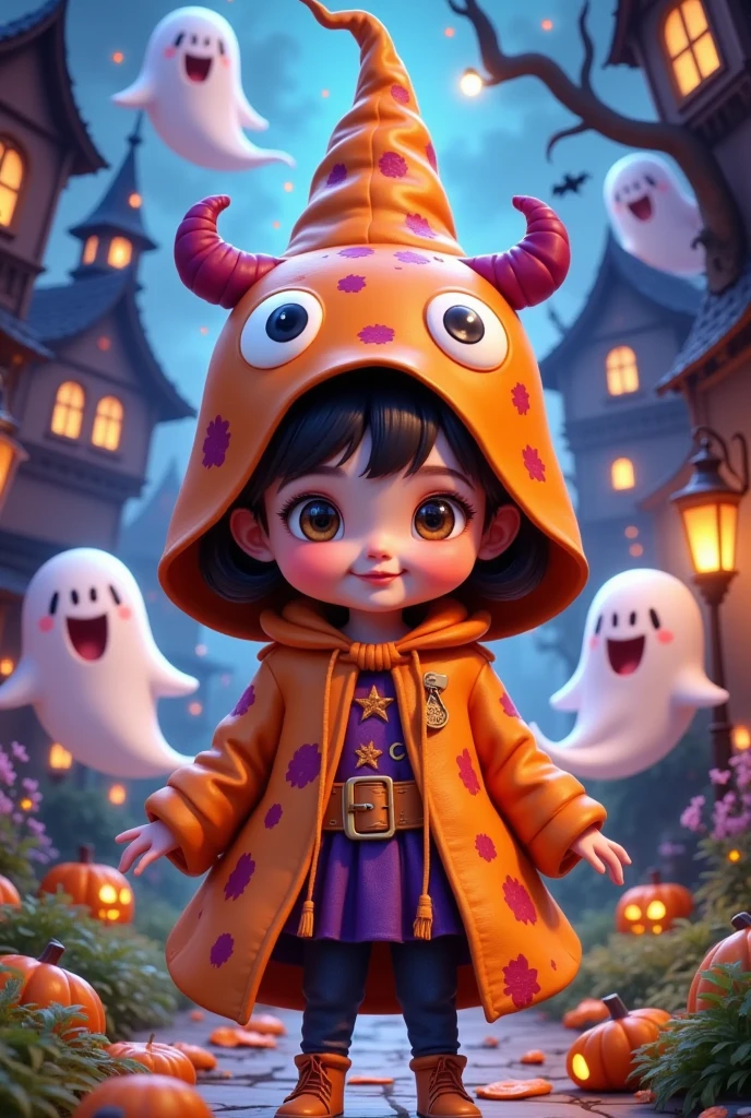  Draw a   (cute and whimsical Halloween character:1.3) In one (Monster costumes:1.2) Surrounded ( friendly ghost :1.15) and ( Mysterious Creatures :1.1)  , using vivid and ( fantastic colors:1.2), Halloween theme：2