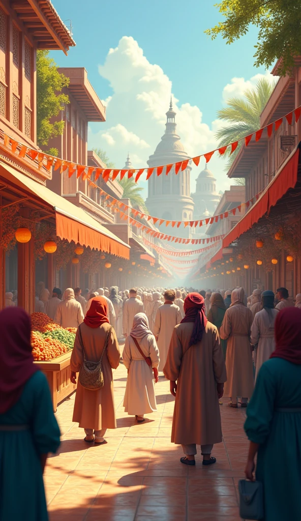 "A vibrant marketplace scene, where people greet each other warmly, symbolizing the blessings and barakah of Friday. The mood is cheerful and harmonious.""Islamic values ​​and Islamic clothing are important in the visuals."