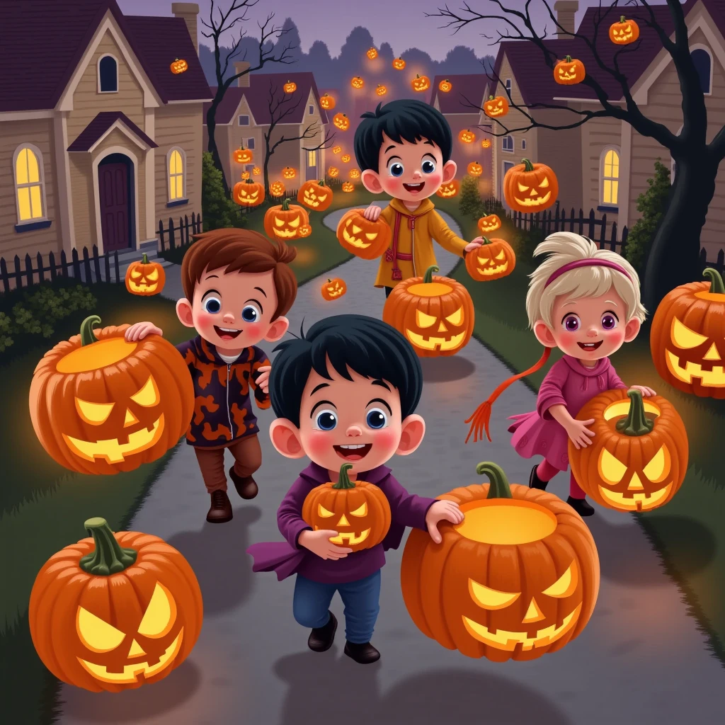 In a cartoon style, with a top-down view, a group of kids are carrying pumpkins while trick-or-treating. Their costumes are colorful and funny, and the pumpkins are big and round. 