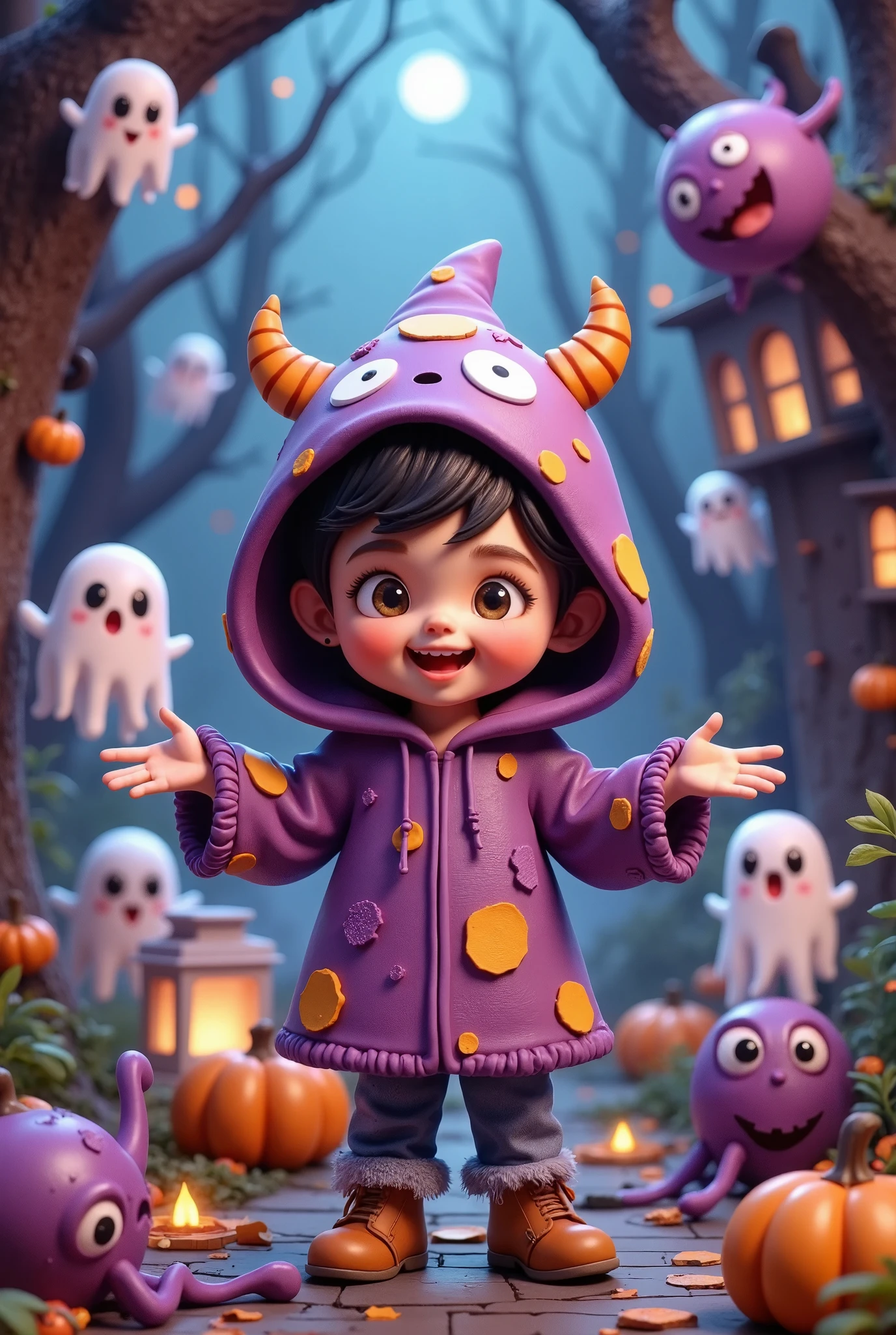 Ultralight clay： Draw a   (cute and whimsical Halloween character:1.3) In one (Monster costumes:1.2) Surrounded ( friendly ghost :1.15) and ( Mysterious Creatures :1.1)  , using vivid and ( fantastic colors:1.2), 