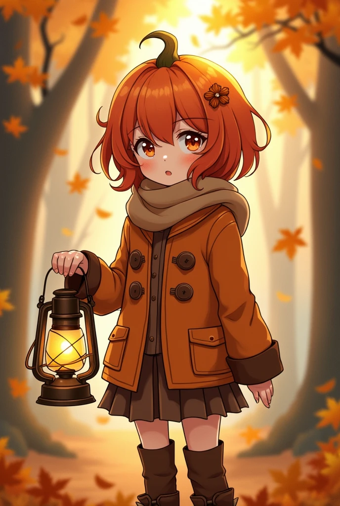 Create a detailed, immersive anime illustration of a 14yo from a magical land, with a striking pumpkin-inspired hairstyle. Her vibrant orange hair is styled in a way that resembles the ridges of a pumpkin, framing her delicate features and mesmerizing amber eyes that sparkle with curiosity and wonder. Dress her in a tailored orange jacket with leafy accents, a warm scarf, and sturdy brown boots, completing her charming autumn-themed ensemble. Depict the serene, forest-like environment, with golden leaves drifting gently around her as she holds a vintage-style lantern, its soft glow accentuating the sense of magic and tranquility. Convey a blend of youthful charm, enchanting mysticism, and the joyful embrace of the autumn season.