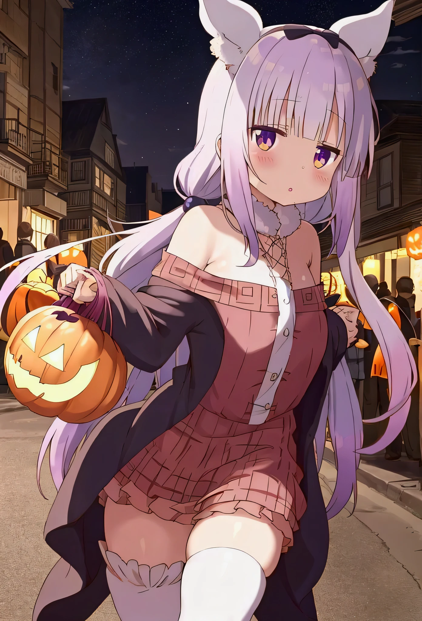 kanna, Halloween bunny costume, walking in the streets decorated with pumpkins at night