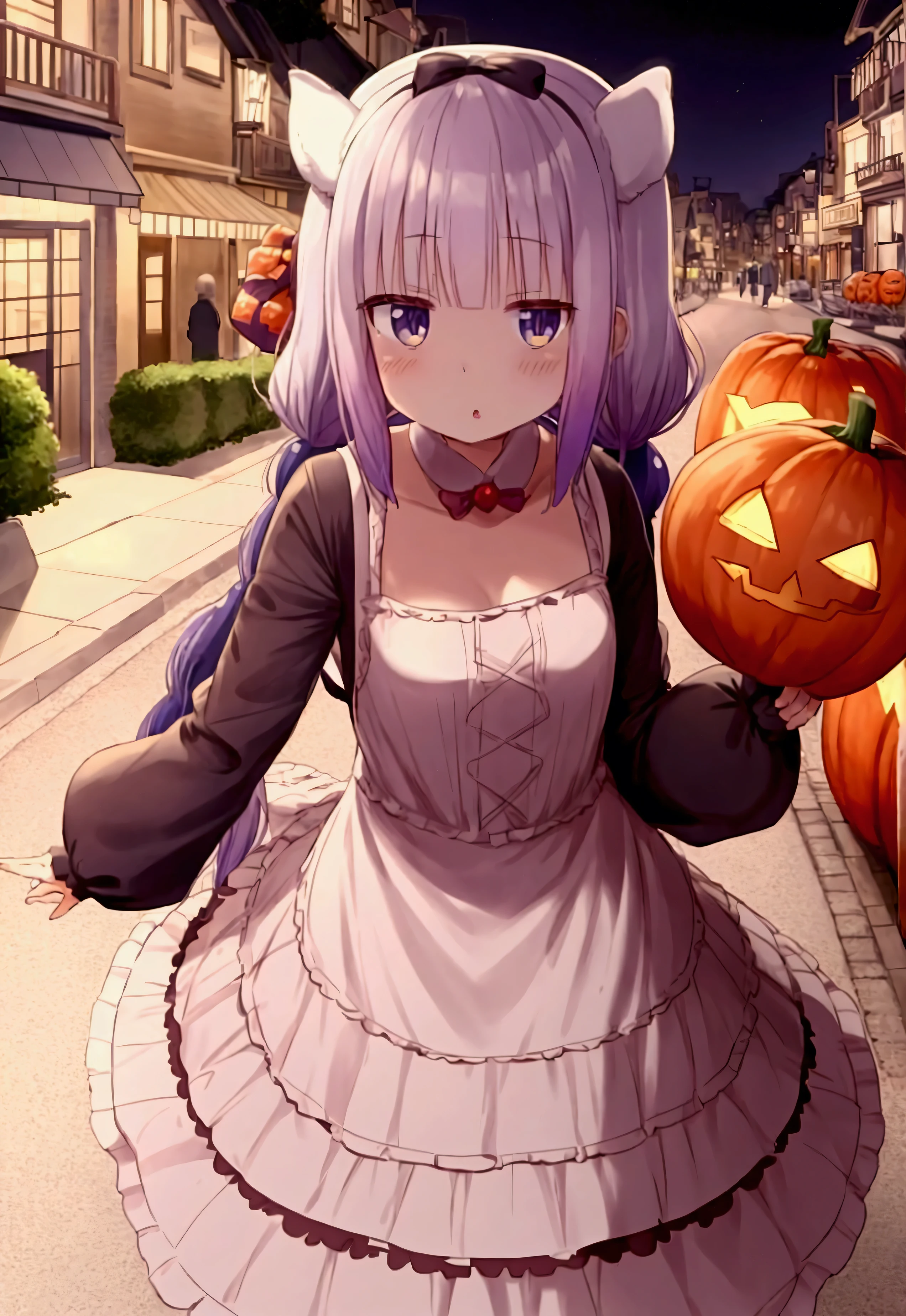 kanna, Halloween bunny costume, walking in the streets decorated with pumpkins at night