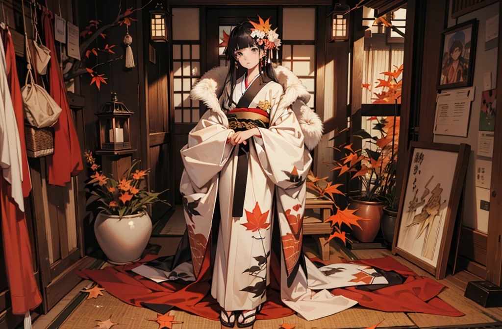 (((flat art)))、(((kimono、autumn leaves、maple、 fur_trim, , Long-sleeved kimono))),maple、(((Flat Art)))、Sword Art,(((A girl with long, straight black hair,blunt bangs))), very long hair ,, (masterpiece、Best Quality、Best Quality、Official Art、 beautiful 、aesthetic:1.2)、 , Plain Background, White background,  fantasy, detailed  fantasy,Beautiful Face,  beautiful eyes,  dark color, Center of chest (A little big), Beautiful Skin, cute, very delicate and beautiful , ( beautiful 細部までこだわった顔:1.0), (detailed Deep Eyes), Deep Eyes,  Shiny Skin , Portraiture, , young, ,{{ Beautiful Finger Details }}, hair, A moderately beautiful chest:1.0,(masterpiece:1.2), Best Quality,  Kampala,  Kampala,  perfect face, Japan&#39;s Heian Period , Priestess Girl, Fox Mask , (Round eyebrows) , kimono , ( Peony Flowers Bloom :0.8) ,  Snow Is Falling  , Kagura Dance , passion , Drinking Amazake  , I&#39;m a drinker , ,(((maple)))