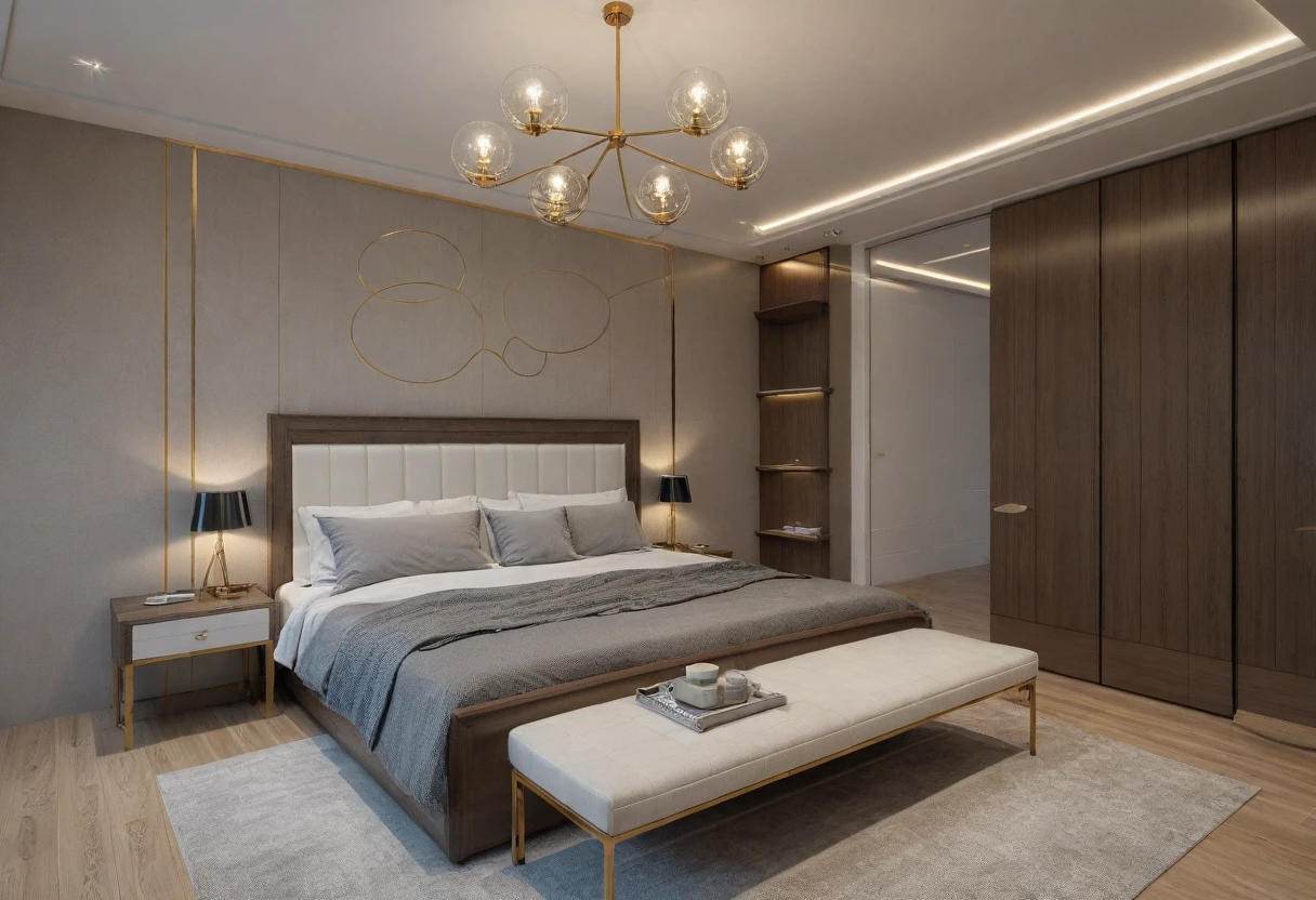 Modern bedroom design, luxurious interior, ((high resolution image, 8k, detailed anatomy of each object, rough surface, super detailed, super realistic, beautiful) spotless , surreal , spacious space , full light