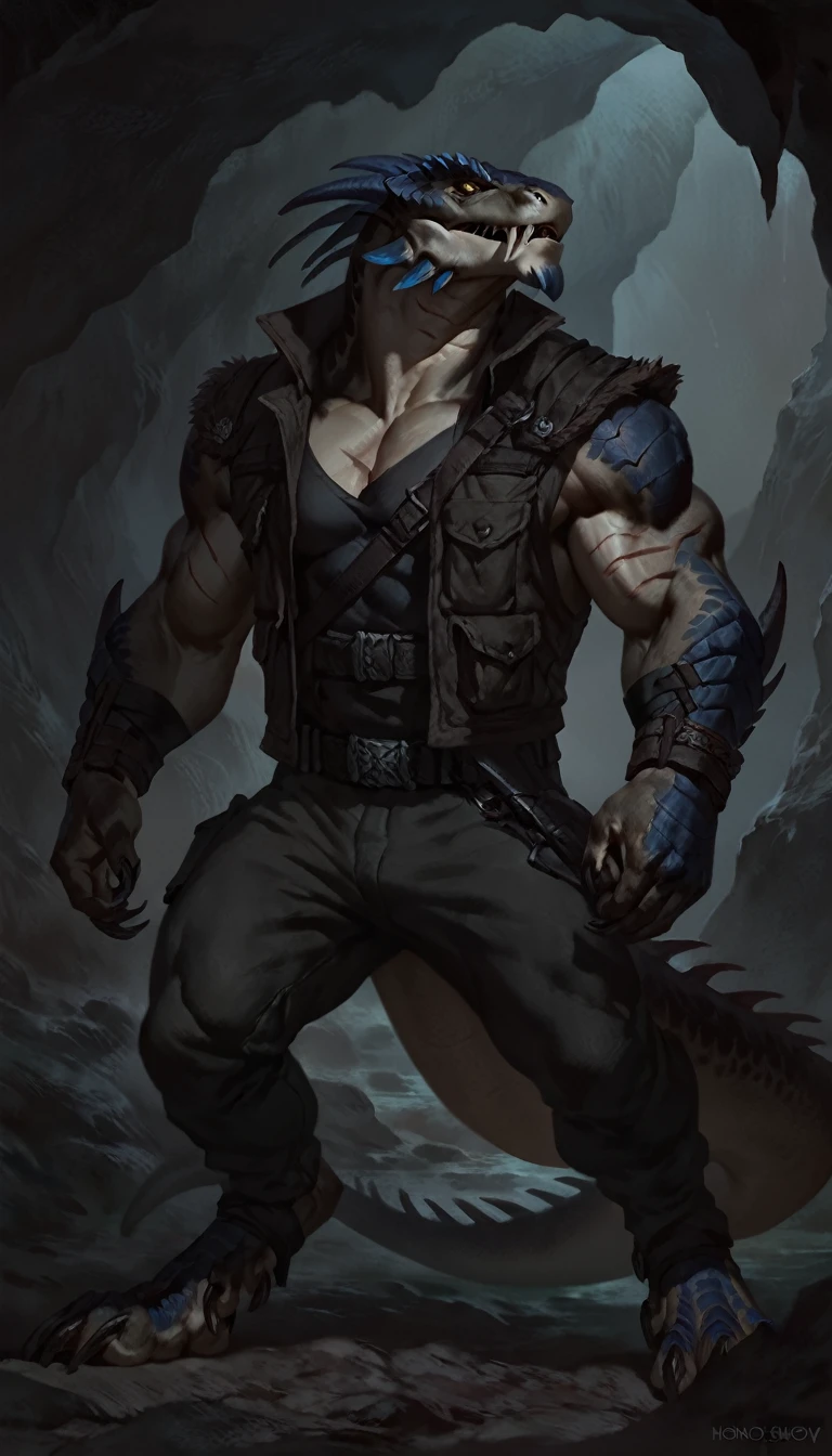 solo, lizard like dragonborn, blue tongued skink lizardfolk, mercenary, black scaly body, matte body, toned, wearing armless vest and pants, detailed scales, scars on body, 1male solo, anthro, muscular, thick neck, thick tail, marked jaw, comicbook style, cave background, darkness, horror, best quality, 4k, ultra-detailed, by laobai, by taran fiddler, by honovy, by null-ghost, by thebigslick