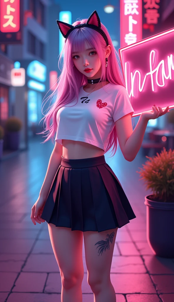 1 woman, Long multi-colored hair, Fashion hair tie ,  hair jewelry ,  black cat ear headband ,  pink lips , Beautiful face, Smile some., t-shirt, Pleated skirt, high-heels,  tattoo on upper arm , stand, Dynamic, Fire signs, Fire signsนีออน "LN fam " In hand , Anime, Wide angle view,  high-definition vivid images,  intricate details, 3D dimensions, 3D rendering, realistic, cyberpunk outfit,  over the truth 