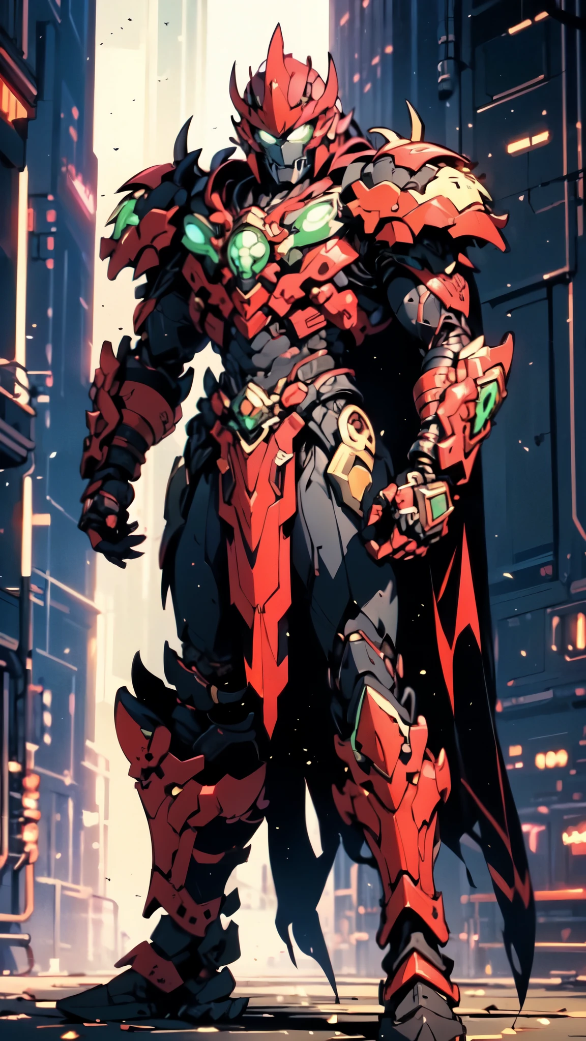 (masterpiece:1.5, best quality:1.5, extremely delicate:1.5, dynamic angle:1.5), ((male:1.5)), Biomimetic humanoid Mecha, green eyes, fully enclosed shoulder guards, matching arm and leg guards, gemstone, full body, full armor, the design balances heavy with agility, organic biotech armor, (the color scheme is primarily Golden and Black with Red and Green accents, concept Inspired by Vampire, glowing eyes, the armor glows), standing, floating high above the futuristic sci-fi city, a finely crafted Super robot in anime style, exquisite and mature art style, metallic, dramatic, high definition, highres, ultra-detailed, ultra-fine painting, professional, anatomically correct, symmetrical face, extremely detailed eyes and face, high quality eyes, creativity, RAW photo, UHD, 32k, Natural light, cinematic lighting, (masterpiece-anatomy-perfect:1.2)