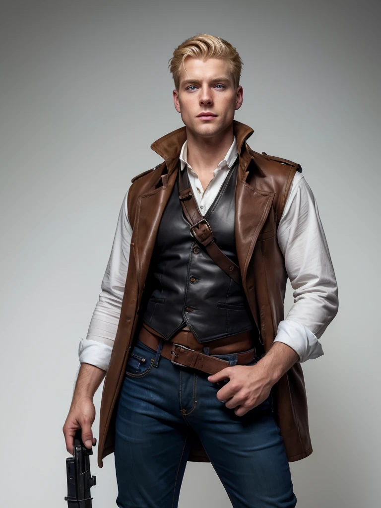  Very detailed illustration of blond man , Blue Eyes, 1,75cm tall ,  rosto sisudo , Wearing a black vest,  Worn jeans ,  Leather pistol holster tied at waist and right thigh of pants, brown coat ,  black boots ,  Handheld hunting rifle ， Pistol tube resting on shoulder 