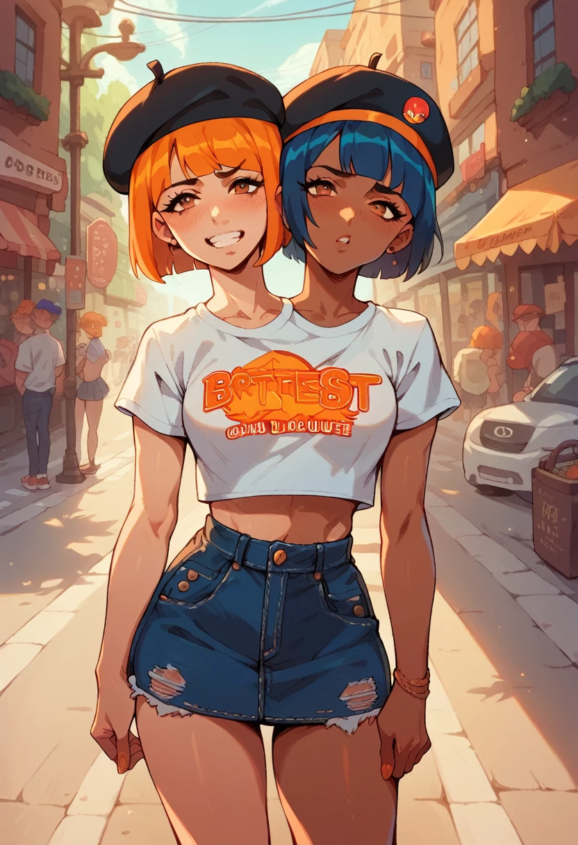 Best resolution, anime girl with two heads, conjoined, diferent skin tones,  light skin and Dark skin,blue hair, orange hair, short spiky haircut, big black skirt, denim shorts, beret hat, street background