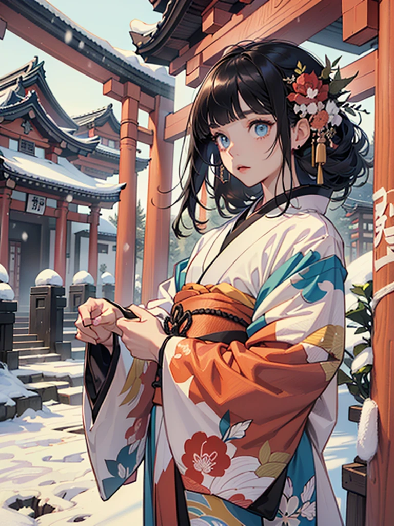 (((flat art)))、(((kimono、The precincts of a shrine with Japanese red torii gates covered with snow、 fur_trim, , Long-sleeved kimono))),maple、(((Flat Art)))、Sword Art,(((A girl with long, straight black hair,blunt bangs))), very long hair ,, (masterpiece、Best Quality、Best Quality、Official Art、 beautiful 、aesthetic:1.2)、 , Plain Background, White background,  fantasy, detailed  fantasy,Beautiful Face,  beautiful eyes,  dark color, Center of chest (A little big), Beautiful Skin, cute, very delicate and beautiful , ( beautiful 細部までこだわった顔:1.0), (detailed Deep Eyes), Deep Eyes,  Shiny Skin , Portraiture, , young, ,{{ Beautiful Finger Details }}, hair, A moderately beautiful chest:1.0,(masterpiece:1.2), Best Quality,  Kampala,  Kampala,  perfect face, Japan&#39;s Heian Period , Priestess Girl, Fox Mask , (Round eyebrows) , kimono ,  Snow Is Falling  , Steamy breath , Kagura Dance , passion , Drinking Amazake  , I&#39;m a drinker , ,(((maple)))