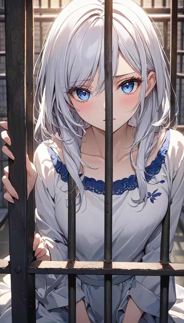  Masterpieces, Detailed work, Full HD clarity,  image resolution1980p, background, Prison cell, จากซีรีย์ Alya Sometimes Hides Her Feelings in Russian, alisa mikhailovna kujou, Gradient eyes, Blue eyes, light blue, Black iris, Fine eyes, Gradient eyes, Long white hair, I&#39;m floating, Wear ,  Medium Breasts, Sit with legs spread apart