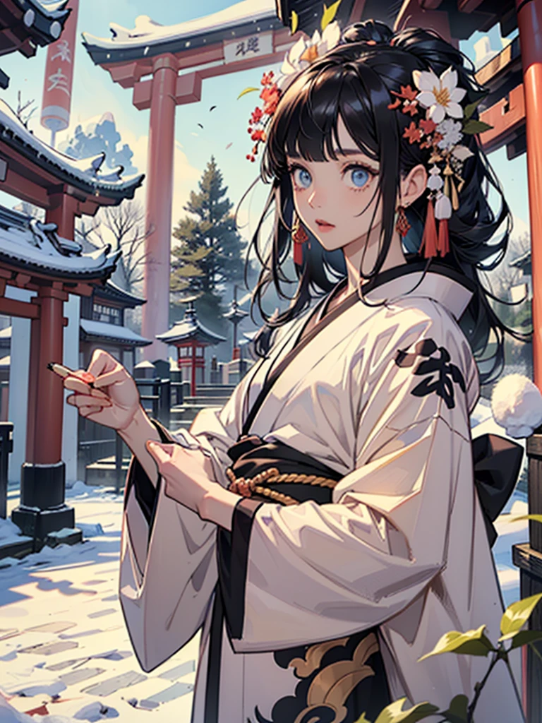 (((flat art)))、(((kimono、The precincts of a shrine with Japanese red torii gates covered with snow、 fur_trim, , Long-sleeved kimono))),maple、(((Flat Art)))、Sword Art,(((A girl with long, straight black hair,blunt bangs))), very long hair ,, (masterpiece、Best Quality、Best Quality、Official Art、 beautiful 、aesthetic:1.2)、 , Plain Background, White background,  fantasy, detailed  fantasy,Beautiful Face,  beautiful eyes,  dark color, Center of chest (A little big), Beautiful Skin, cute, very delicate and beautiful , ( beautiful 細部までこだわった顔:1.0), (detailed Deep Eyes), Deep Eyes,  Shiny Skin , Portraiture, , young, ,{{ Beautiful Finger Details }}, hair, A moderately beautiful chest:1.0,(masterpiece:1.2), Best Quality,  Kampala,  Kampala,  perfect face, Japan&#39;s Heian Period , Priestess Girl, Fox Mask , (Round eyebrows) , kimono ,  Snow Is Falling  , Steamy breath , Kagura Dance , passion , Drinking Amazake  , I&#39;m a drinker , ,(((maple)))