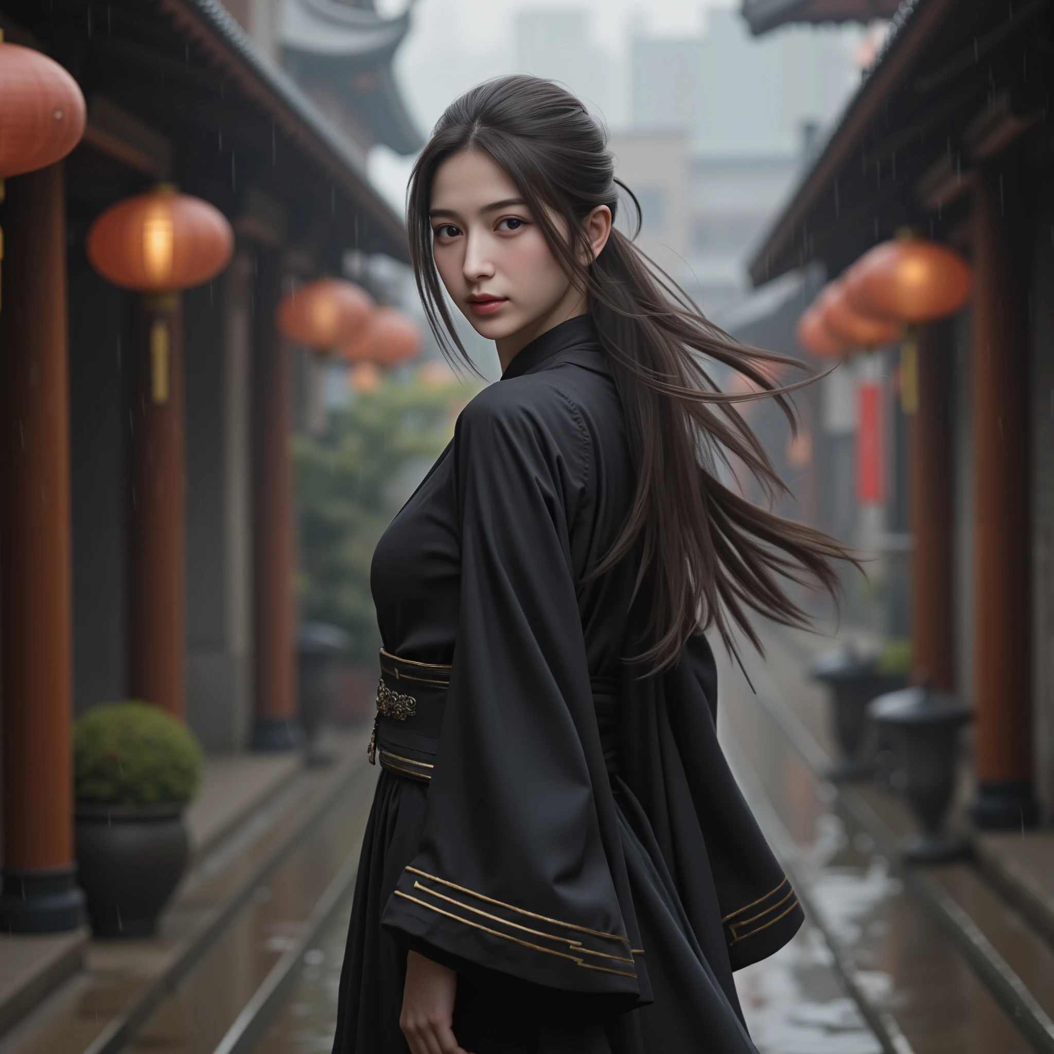 The image is a digital painting of a young asian woman standing in an industrial area. She is facing the viewer, with her back to the viewer. Her long dark hair is blowing in the wind, cascading down her back. She has a serious expression on her face. The woman is wearing a black dress with gold stripes on the sides and a black belt. The background is filled with tall, wooden buildings with orange lanterns hanging from the ceiling. The floor is wet, suggesting that it has recently rained. The overall mood of the image is somber and contemplative.