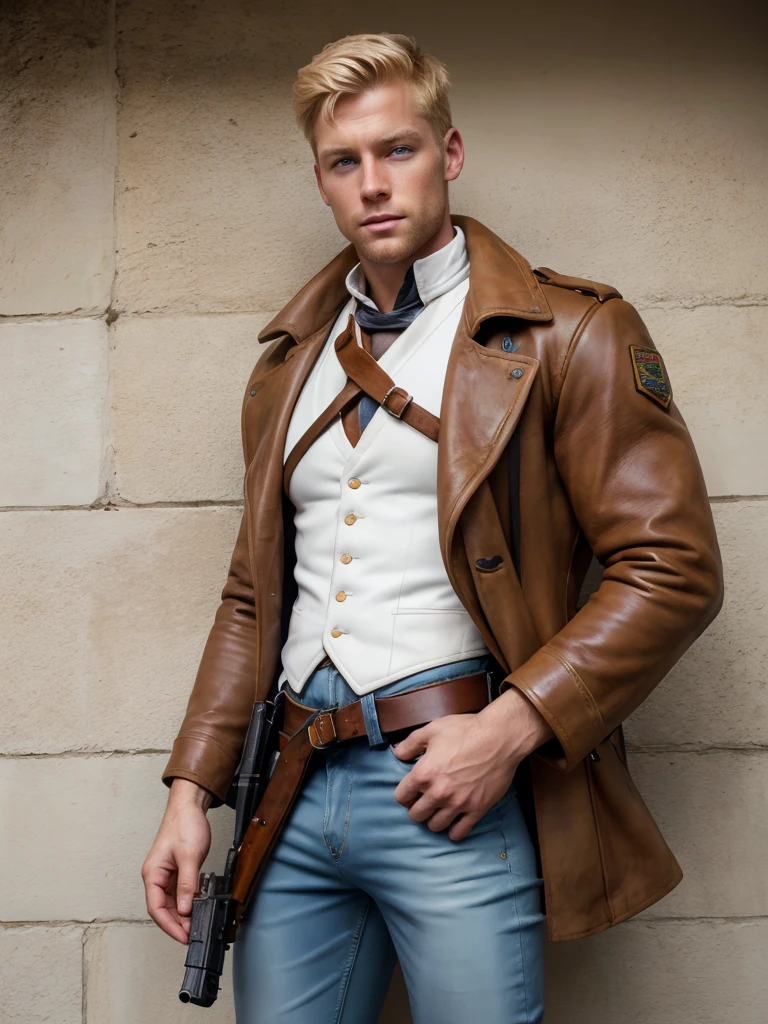  Very detailed illustration of blond man , Blue Eyes, 1,75cm tall ,  rosto sisudo , Wearing a white vest,  Worn jeans ,  Leather pistol holster tied at waist and right thigh of pants, brown coat ,  black boots ,  Handheld hunting rifle ， Pistol tube resting on shoulder 