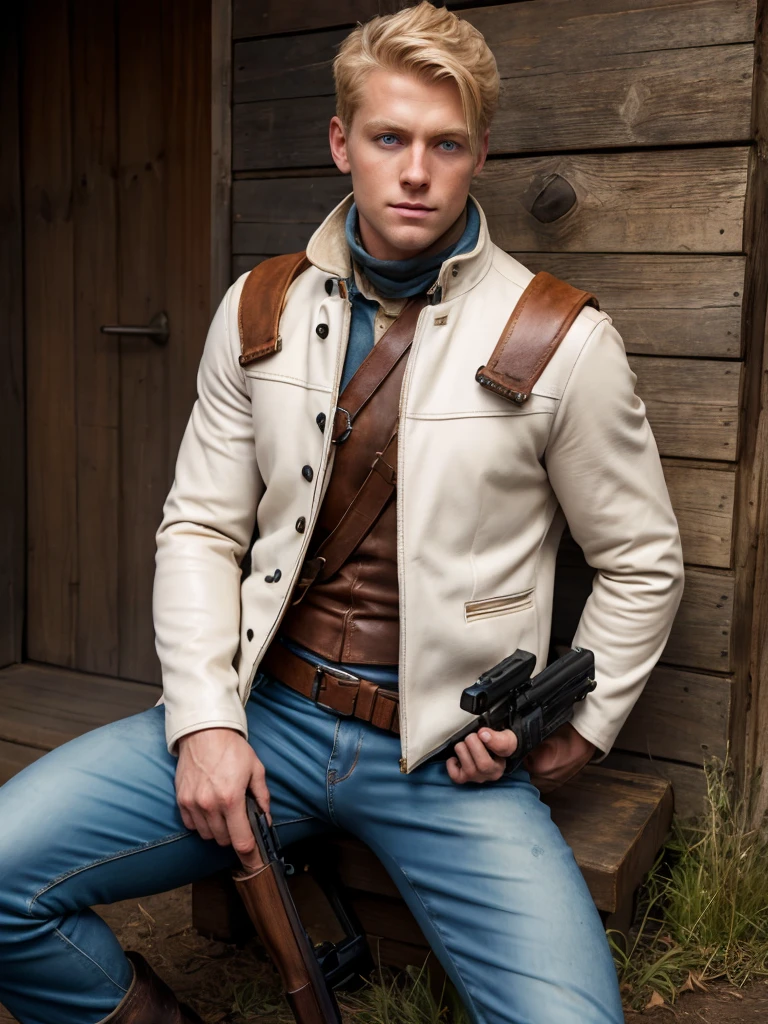  Very detailed illustration of blond man , Blue Eyes, 1,75cm tall ,  rosto sisudo , Wearing a white vest,  Worn jeans ,  Leather pistol holster tied at waist and right thigh of pants, brown coat ,  black boots ,  Handheld hunting rifle ， Pistol tube resting on shoulder 