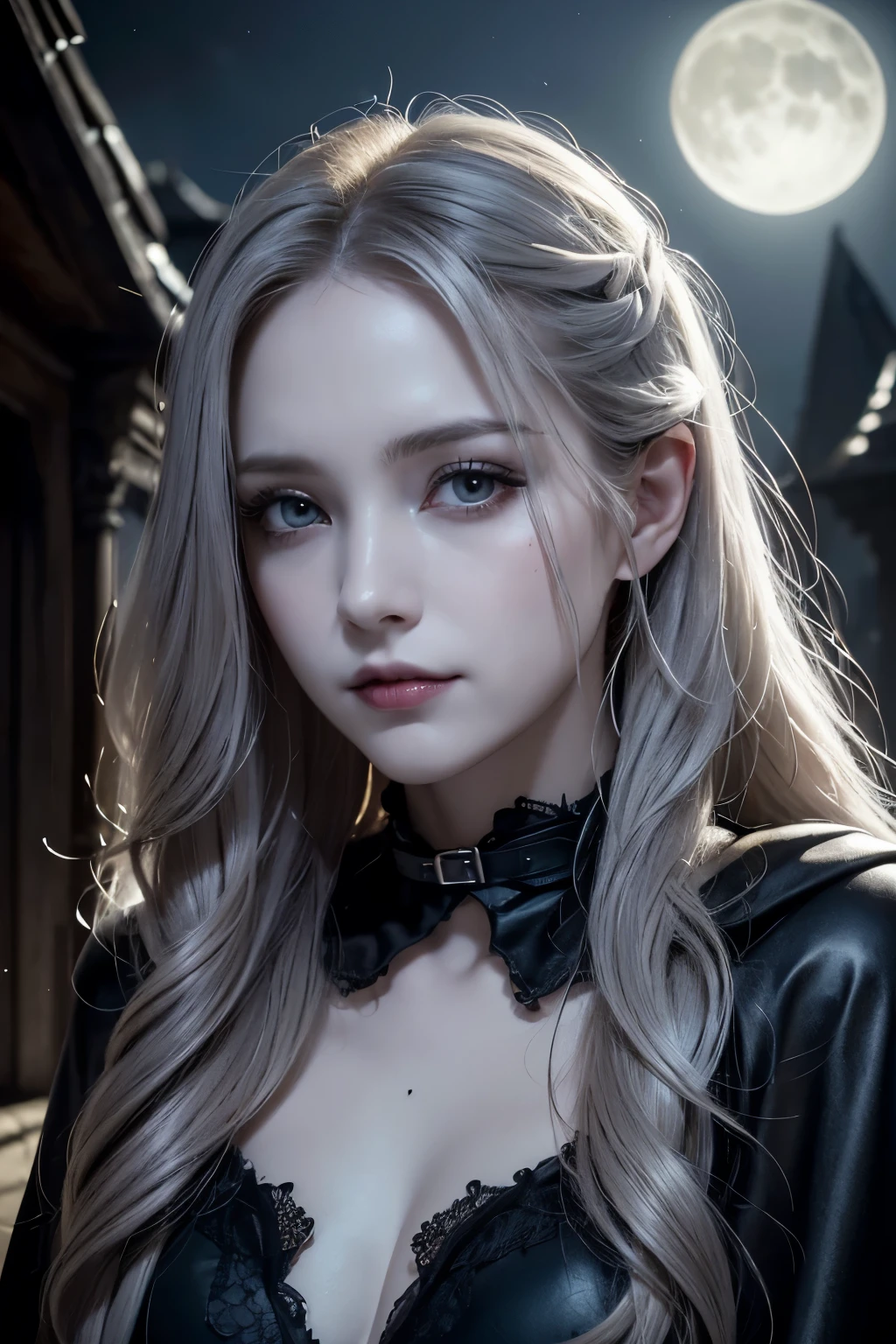 (Top quality, high resolution, masterpiece, super detailed), (Realistic, photorealistic), (Young beautiful woman), pale skin, (Sad smile), Focus on face, Curly dark grey silver long hair, (Small chest), (Black cape with collar), Elegant portrait, (Spooky Halloween night), (Moonlight horror night), (Ominous background with monsters), (Gothic horror), (Pale dramatic lighting), Dark and gloomy atmosphere, Bats, scary pumpkins, Creepy, Deep textures, Old world charm, Aged elegance, Weathered details, Cracked stone texture, Atmospheric perspective, Tyndall effect, Deep shadows, Fantasy beauty, (Darkness),