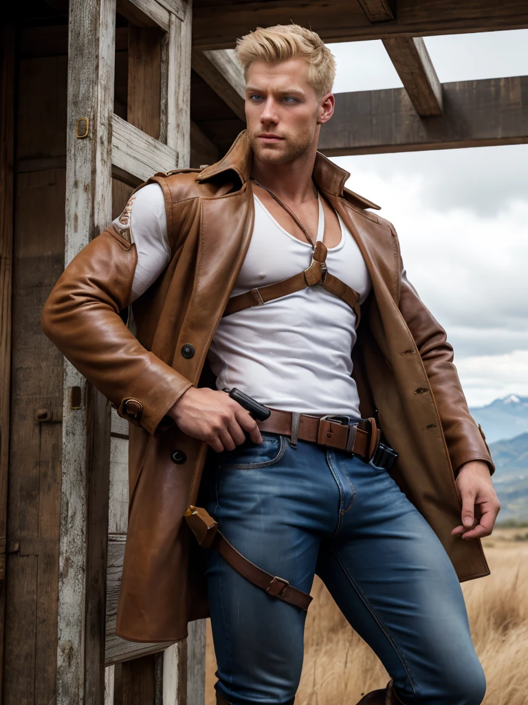  Very detailed illustration of blond man , Blue Eyes, 1,75cm tall ,  rosto sisudo , Wearing a white hurdle open chest bodybuilding vest,  Worn jeans ,  Leather pistol holster tied at waist and right thigh of pants, brown coat ,  black boots ,  Handheld hunting rifle ， Pistol tube resting on shoulder 