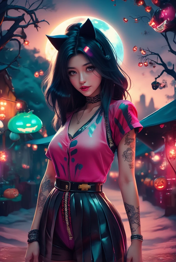 1 woman,  black cat ear headband ,  pink lips , Beautiful face, Smile some., t-shirt, Pleated skirt, high-heels,  tattoo on upper arm , stand, Dynamic, Fire signs, Fire signsนีออน "LN fam " In hand , Anime, pumpkin, Halloween, moon,  Wide angle view,  high-definition vivid images,  intricate detail, 3D dimensions, 3D rendering, realistic, cyberpunk outfit,  over the truth 