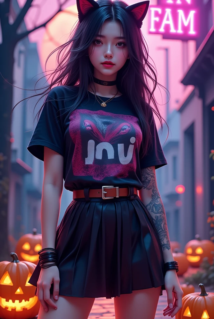 1 woman,  black cat ear headband ,  pink lips , Beautiful face, Smile some., t-shirt, Pleated skirt, high-heels,  tattoo on upper arm , stand, Dynamic, Fire signs, Fire signsนีออน "LN fam " In hand , Anime, pumpkin, Halloween, moon,  Wide angle view,  high-definition vivid images,  intricate details , 3D dimensions, 3D rendering, realistic, cyberpunk outfit,  over the truth 