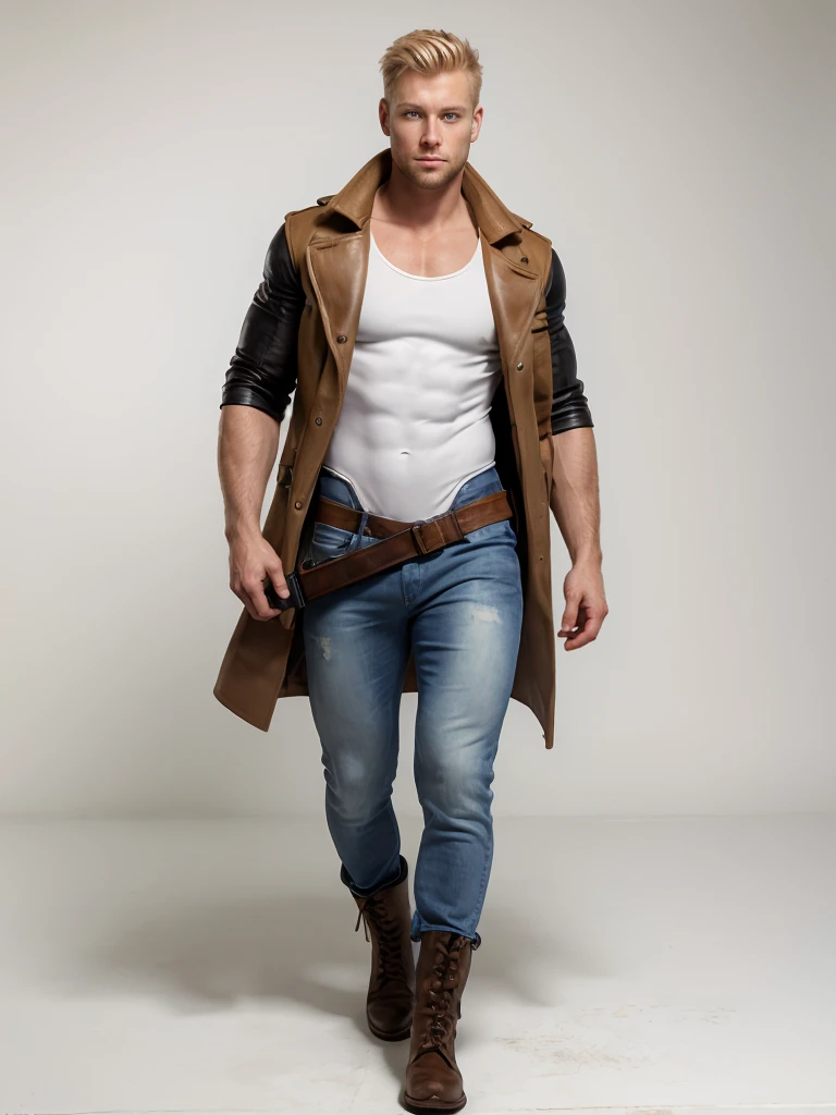   Very detailed illustration of blond man  , blue eyes, 1,Height 75 cm  ,   rosto sisudo  ,   Wearing White Barbell Open Breasted Bodysuit Vest  ,   Worn Jeans  ,    Pants waist and right thigh tied to leather pistol holster, Brown coat ,   black boots ,   Handheld Hunting Rifle   ，   Pistol Tube on Shoulder   