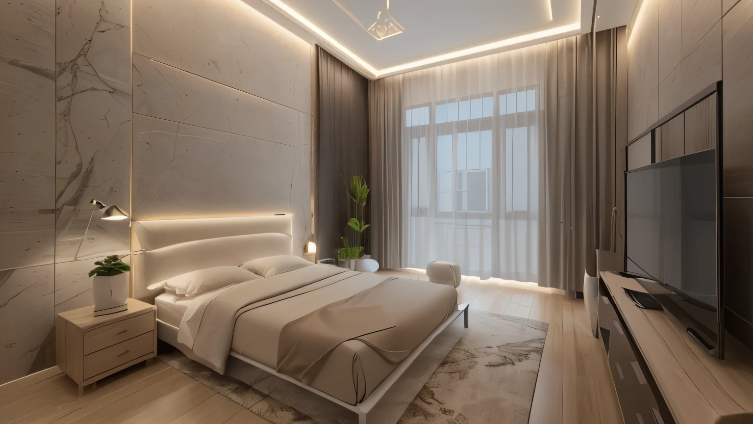 there is a bed in a room with a tv on the wall, inside of a bedroom, bedroom interior, apartment design, 3 d rendering, detailed rendering, bed on the right, 3d finalrender, 3 d finalrender, 3 d rendering!, aluminum glass windows, moderate exterior lighting, neutral colors, modern architecture, tropical forest outside, dressing table, nội thất phòng ngủ đầy đủ, 8k, rất đẹp, nội thất phòng ngủ đầy đủ, 8k, rất đẹp