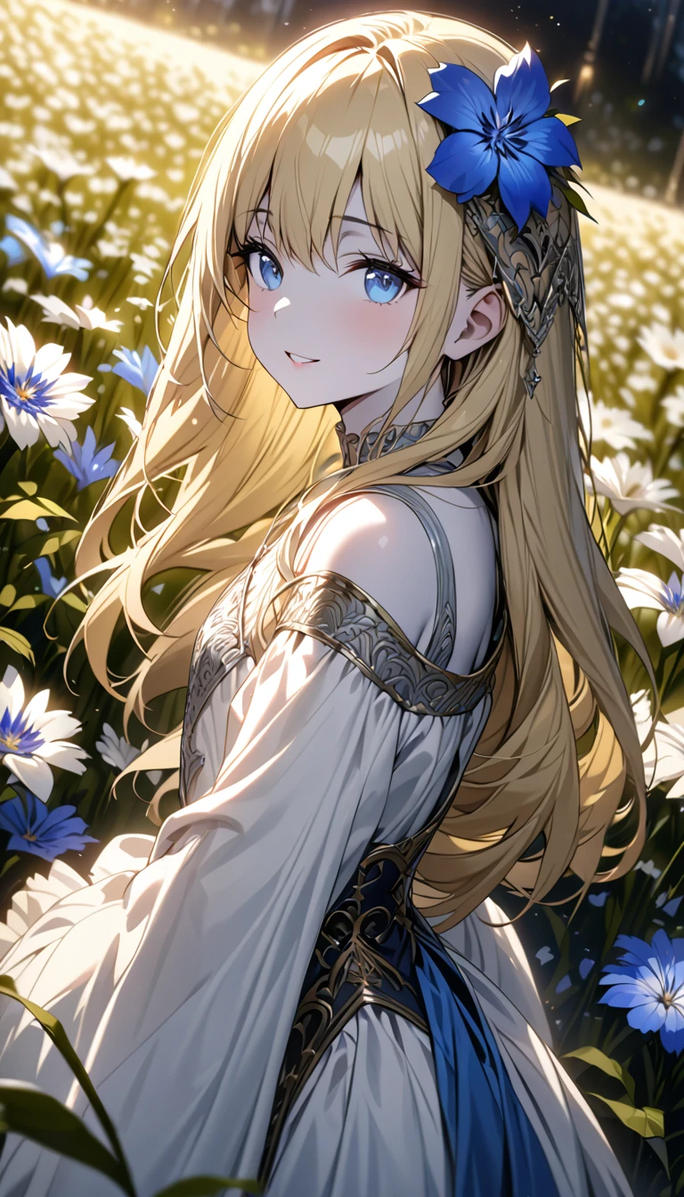 art：Cornflower,(masterpiece),(4K),  high quality,(  perfect anatomy),  flat chest,((One Girl)),(Alone),  fairy  ,Long blonde hair,Pale skin,  Beautiful Delicate Blue Eyes  , (  add dramatic and iconic elements to things with high detail,  elegant ),( detailed costumes from the Middle Ages  ),Detailed skin,  add dramatic and iconic elements to the scene  , Silky to the touch,   hyper detail  ,romantic,  charming smile,  browse viewers , ( rich and colorful ),( Walking through a field of white flowers  ),A quiet and dreamy atmosphere  、  give warmth and charm to the overall scene .。,(Look to the side),From the side,Cinema Lighting