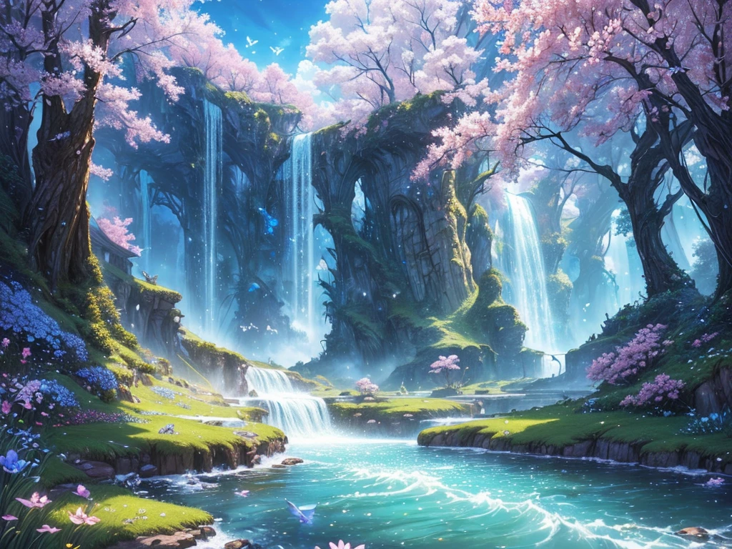 ((highest quality)),(ultra high resolution),(Super detailed),(detailed description),((best CG)),(best work of art),super precision art,amazing drawing art,(Fantasy art with precise details:1.5), Utopia of eternal spring,coloured butterflies、The blue sky spreads everywhere、clear stream、small flowers々、