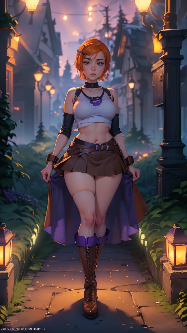 Gwen Tennysson  (( full body view )) Very short straight carrot colored hair, seductive look, very giant breasts,  very wide hips y grandes, very giant buttocks)) cuerpo completo, It is in the garden of your house , (( it is night and it is illuminated by the lights of the lamp posts)) (( dressed in a very wide and long purple skirt with brown boots and a white top with straps))very sexy and sensual and with long black thigh-high tights shoes with red heels ,  well broken and hands at the waist  (( dressed in a very wide and long purple skirt with brown boots and a white top with straps)) (( full body view ))(( very wide hips piernas muy gordas)) ((piernas muy gordas  very wide hips,  very wide hips, very giant breasts))