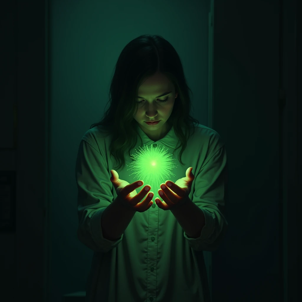 Horror scene, Realistic style,  girl, Caucasian, {Mask that covers her entire face}, wearing summer dress, short dark blonde hair, Green energy flowing from her arms, facing me, vibrant, realistic style, photo, realistic, masterpiece, best quality, High quality texture, detailed texture, ultra-detailed, 8K, HDR 