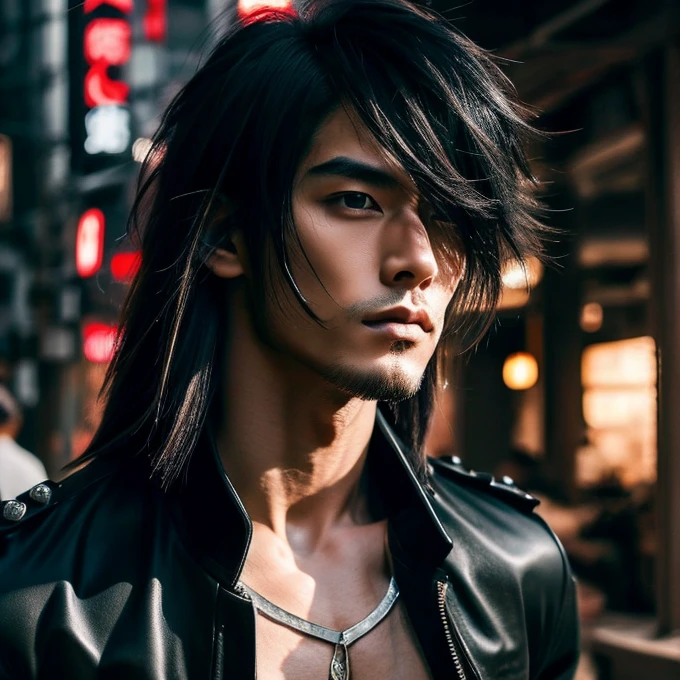 1 man, Japanese man, 30 years old, hairstyle Visual Kei, hair color blonde, muscular, broad shoulders, ultra detailed face and eyes, Asian eyes, pretty face, realistic representation, outfit gothic-cyberpunk, black men's shirt and black pants, long hair, hairstyle Visual Kei