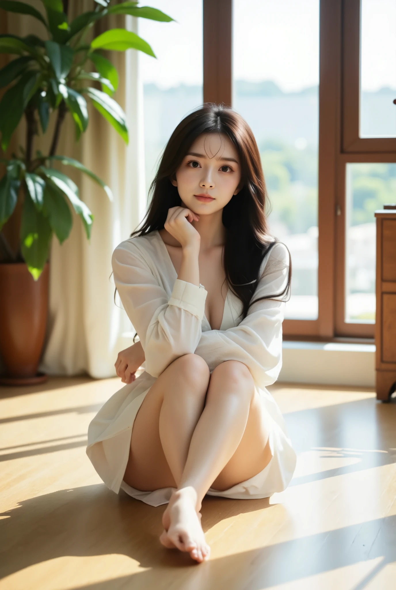 The image is a portrait of a young asian woman sitting on a wooden floor in front of a large window. She is wearing a white dress with long sleeves and a deep V-neckline. Her long dark hair is styled in loose waves and falls over her shoulders. She has a serious expression on her face and is resting her chin on her hand. Her legs are crossed and her feet are resting on the floor. She appears to be relaxed and contemplative. There is a large potted plant on the left side of the image and a small wooden cabinet on the right side. The sun is shining through the windows, casting shadows on the wooden floor. The overall mood of the photo is peaceful and serene.