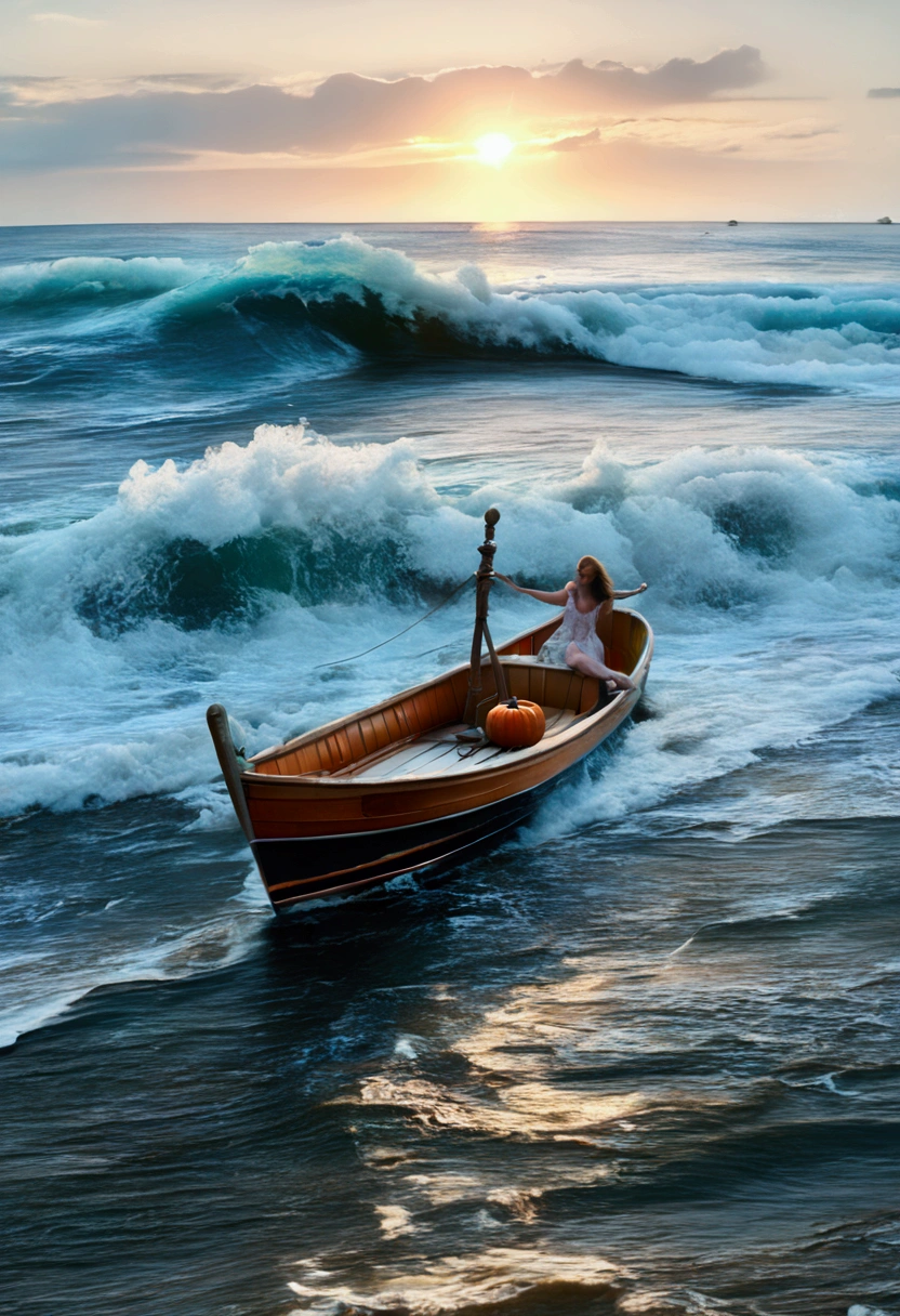 A group of cute mice, sailing on a pumpkin boat, in the vast open sea, rolling ocean waves, powerful dramatic scene, comical style, adorable gestures, beautiful lighting, (best quality,4k,8k,highres,masterpiece:1.2),ultra-detailed,(realistic,photorealistic,photo-realistic:1.37),vibrant colors,fantasy,cartoon,whimsical,magical realism