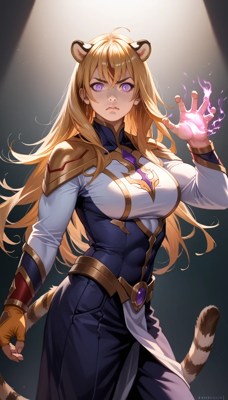 1girl, solo, long hair, golden tiger ears, golden tiger tail, open eyes, purple eyes, standing, power up, golden aura, golden hair, no top, large breasts, muscular, anger, super form, (best quality,4k,8k,highres,masterpiece:1.2),ultra-detailed,(realistic,photorealistic,photo-realistic:1.37),highly detailed facial features,extremely detailed eyes and face,longeyelashes,vibrant colors,dramatic lighting,epic fantasy,digital painting,cinematic