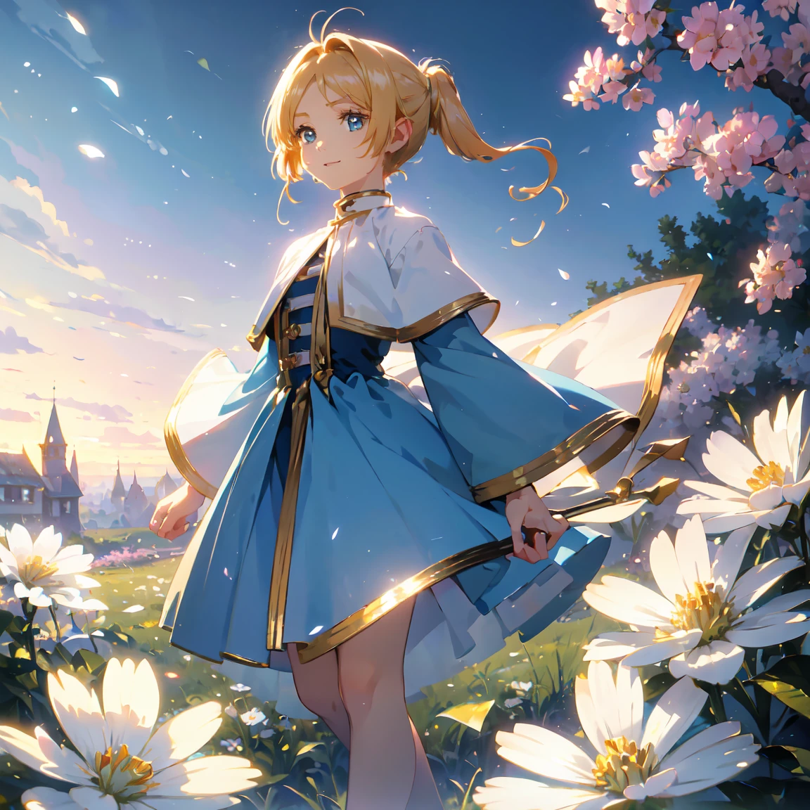 art：Cornflower,(masterpiece),(4K),  high quality,(  perfect anatomy),  flat chest,((One Girl)),(Alone),  fairy  ,Long blonde hair,Pale skin,  Beautiful Delicate Blue Eyes  , (  add dramatic and iconic elements to things with high detail,  elegant ),( detailed costumes from the Middle Ages  ),Detailed skin,  add dramatic and iconic elements to the scene  , Silky to the touch,   hyper detail  ,romantic,  charming smile,  browse viewers , ( rich and colorful ),( Walking through a field of white flowers  ),A quiet and dreamy atmosphere  、  give warmth and charm to the overall scene .。,(Look to the side),From the side,Cinema Lighting