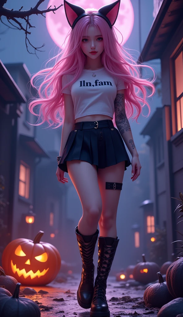 1 woman, Long hair, pink, black, dark,  black cat ear headband ,  pink lips , Beautiful face, Smile some., t-shirt, Pleated skirt, high-heels,  tattoo on upper arm , stand, Dynamic, "ln,fam"On the shirt, , Anime, pumpkin, Halloween, moon,  Wide angle view,  high-definition vivid images,  intricate details , 3D dimensions, 3D rendering, realistic, cyberpunk outfit,  over the truth 