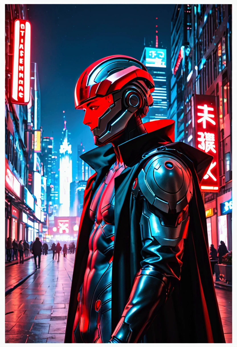 Cyberpunk,1 male,cyber helmet,visior helmey,red neon lines decorate,black cloak,tailcoat,shoulder armor,super detail,lighting,masterpiece,best quality,techwear,city,