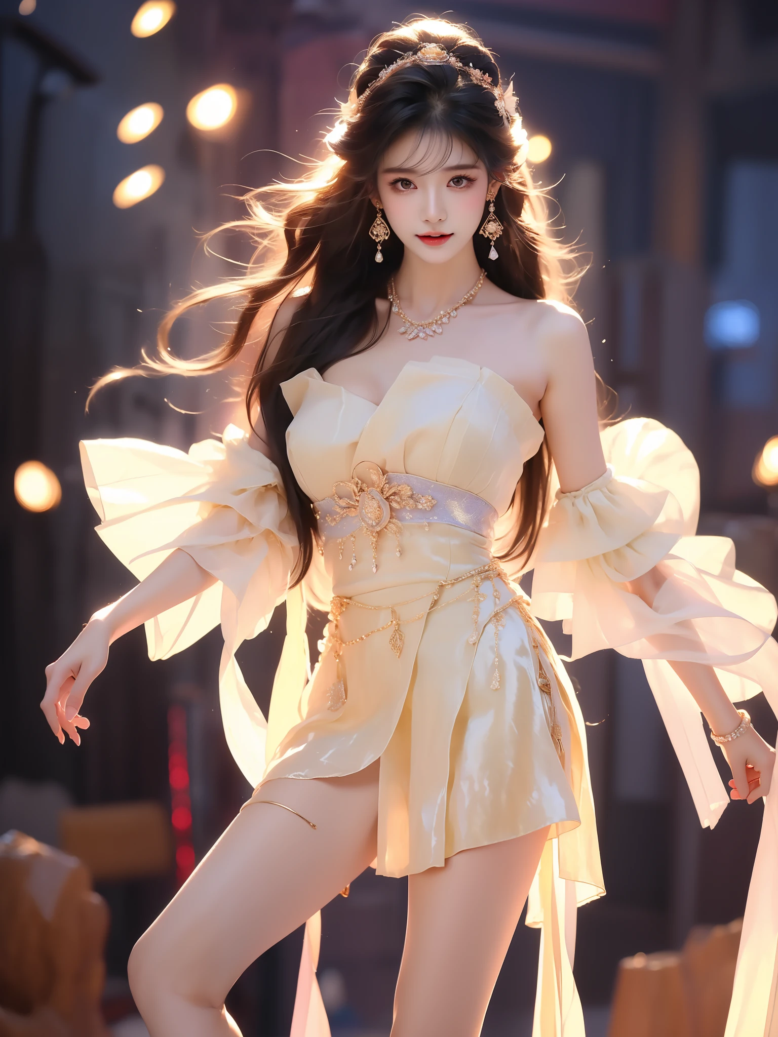 guqinghan, jrys,
high heels,bare shoulders, see-through, jewelry,strapless, collarbone, bracelet, off shoulder,earrings, bow,cleavage, tube dress, strapless dress (Asian beauty: 1.3), girl, solo, (toned body: 1.2), (naturally large breasts: 1.1), (visible cleavage: 0.8), (smooth flawless skin: 1.2), (perfect anatomical proportions: 1.3),  (anatomically correct legs: 1.3), (elegantly long legs: 1.3), 1.1) Hands gently lift the skirt, (detailed features: 1.2), (big bright eyes: 1.1), (long eyelashes: 1.1), charming smile, gentle and confident expression, Head slightly tilted, long flowing hair, (night scene: 1.1), (starry sky: 1.0), (space background: 0.9), (professional soft light: 1.2), (warm tone: 1.1), (Masterpiece: 1.4), (Super Detail: 1.3), (Sharp focus: 1.2), (Realistic: 1.2), (Hi-Fi: 1.1)