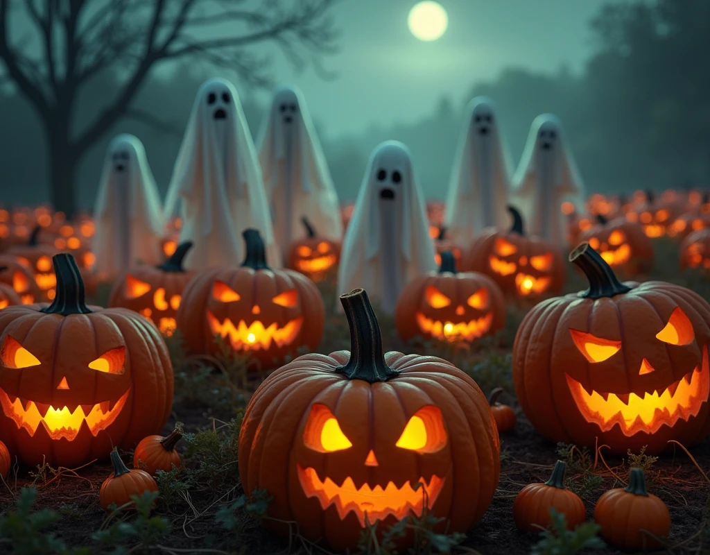 In a dark fantasy style, from a panoramic view, a pumpkin field is overrun with ghosts. The pumpkins are enormous and have sinister expressions, and the ghosts float among them, their forms wispy and eerie.