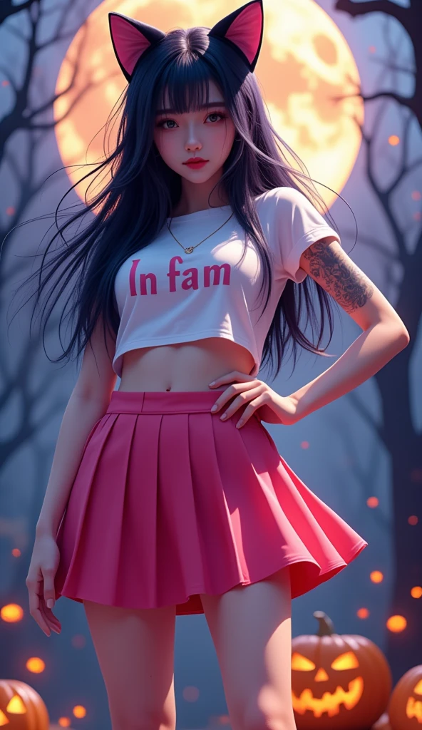 1 woman, Shiny black long hair,  black cat ear headband ,  pink lips , Beautiful face, Smile some., t-shirt, Pleated skirt, high-heels,  tattoo on upper arm , stand, Dynamic, "LN fam "On the shirt, , Anime, pumpkin, Halloween, moon,  Wide angle view,  high-definition vivid images,  intricate detail, 3D dimensions, 3D rendering, realistic, colourful outfit,  over the truth 