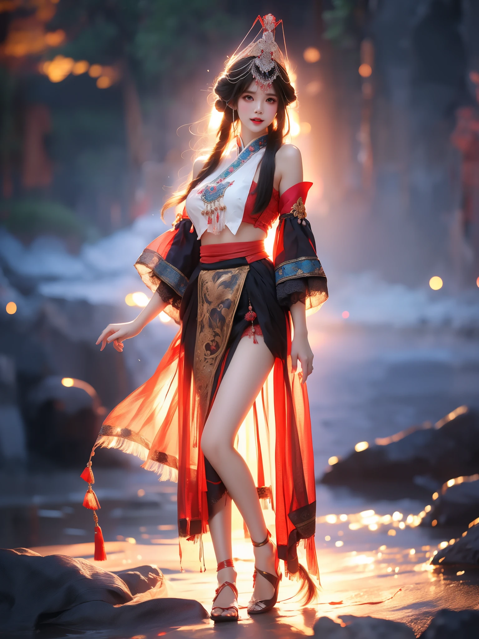 guqinghan,fhz,
hat,hair ornament,hat tassel, chinese clothes, traditional clothes, bare shoulders,dress, detached sleeves, jewelry, print clothes, (Asian beauty: 1.3), girl, solo, (toned body: 1.2), (naturally large breasts: 1.1), (visible cleavage: 0.8), (smooth flawless skin: 1.2), (perfect anatomical proportions: 1.3), (anatomically correct legs: 1.3), (elegantly long legs: 1.3), 1.1) Hands gently lift the skirt, (detailed features: 1.2), (big bright eyes: 1.1), (long eyelashes: 1.1), charming smile, gentle and confident expression, Head slightly tilted, long flowing hair, (night scene: 1.1), (starry sky: 1.0), (space background: 0.9), (professional soft light: 1.2), (warm tone: 1.1), (Masterpiece: 1.4), (Super Detail: 1.3), (Sharp focus: 1.2), (Realistic: 1.2), (Hi-Fi: 1.1)