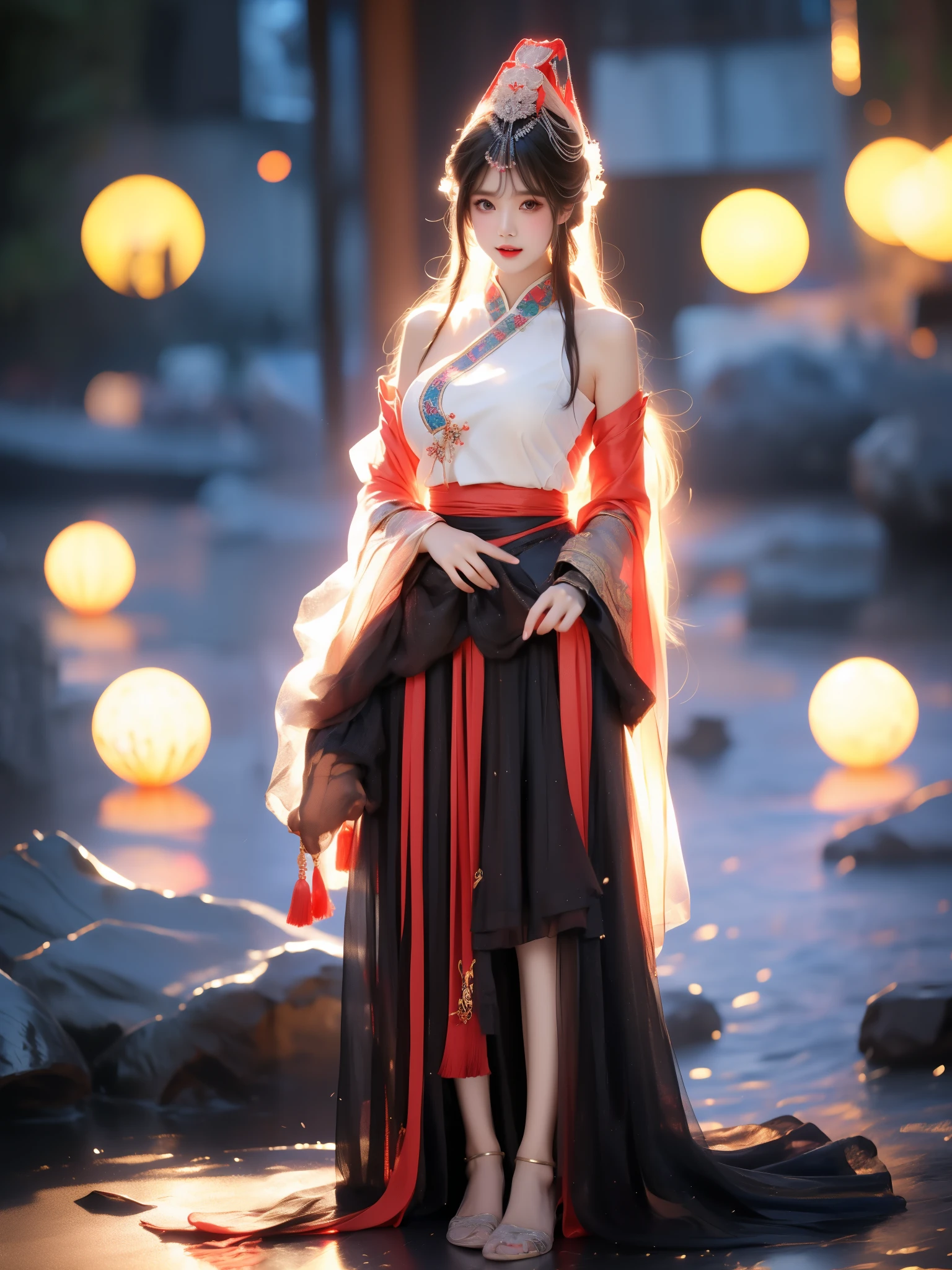 guqinghan,fhz,
hat,hair ornament,hat tassel, chinese clothes, traditional clothes, bare shoulders,dress, detached sleeves, jewelry, print clothes, (Asian beauty: 1.3), girl, solo, (toned body: 1.2), (naturally large breasts: 1.1), (visible cleavage: 0.8), (smooth flawless skin: 1.2), (perfect anatomical proportions: 1.3), (anatomically correct legs: 1.3), (elegantly long legs: 1.3), 1.1) Hands gently lift the skirt, (detailed features: 1.2), (big bright eyes: 1.1), (long eyelashes: 1.1), charming smile, gentle and confident expression, Head slightly tilted, long flowing hair, (night scene: 1.1), (starry sky: 1.0), (space background: 0.9), (professional soft light: 1.2), (warm tone: 1.1), (Masterpiece: 1.4), (Super Detail: 1.3), (Sharp focus: 1.2), (Realistic: 1.2), (Hi-Fi: 1.1)