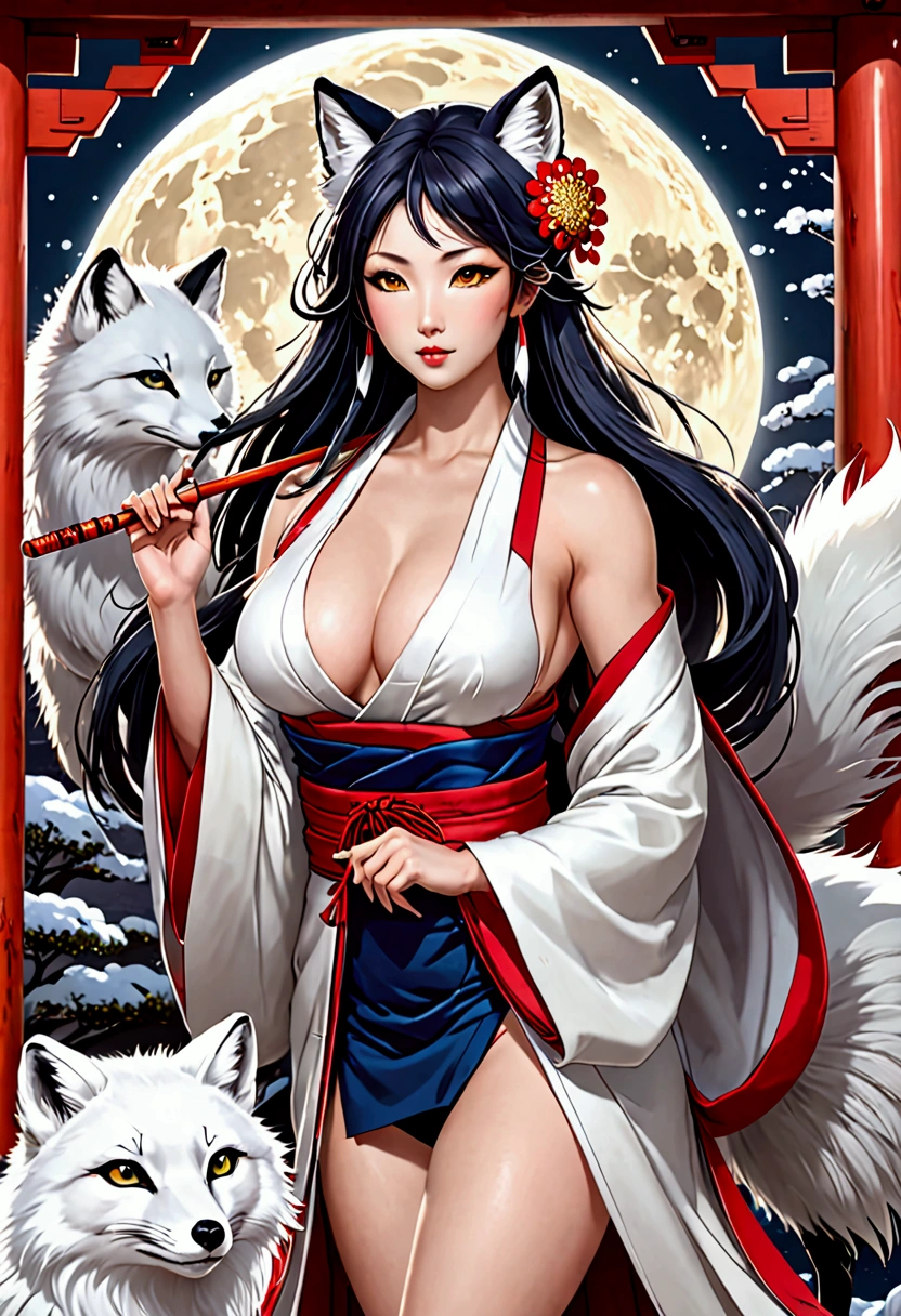   theme: Inari, (Japanese Goddess)   white skin,Huge breasts ,  well-trained muscles  ,arctic fox,Beautiful Nine-Tails, beautiful eyes,  she likes to wear flying coats ,  a Japanese shrine with a full moon in the background  , ((Accurate and detailed)) おInari様、Saraswati、A peacock crotch 、