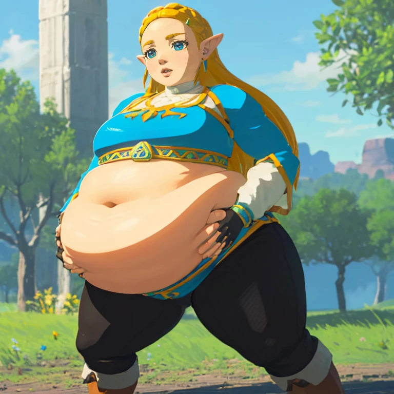 best quality, high rating, correct anatomy, uhd, high resolution, (hyper detailed), flawless, detailed, c.cu(artist), blushyspicy(artist), spellsx(artist), kipteitei(artist),(Perfect Face), 
(Zelda((Brearh_of_the_Wild))), 1girl, long hair,blonde hair, braids in hair ,earrings, elf ears, blue eyes,blue tunic over white undershirt, blue tunic with golden accents, leather gloves, black tights, leather boots, ((belly in blue tunic, covered shoulders and arms, exposed belly)),


1girl, cute face, horny, embarrassed, detailed eyes,

enormous belly, fat belly, thicc, bigger belly, really big belly, jiggly belly, giant huge belly, big enormous belly, ((((gigantic belly)))), bloated belly, fat belly, ginormous big belly, expanding big belly, ((holding her bbelly with her hands)), deep navel:1.4, navel outline, sitting on the ground, immoble, spread legs, obese belly between legs, botw style, (((covered shoulders:1.4)))