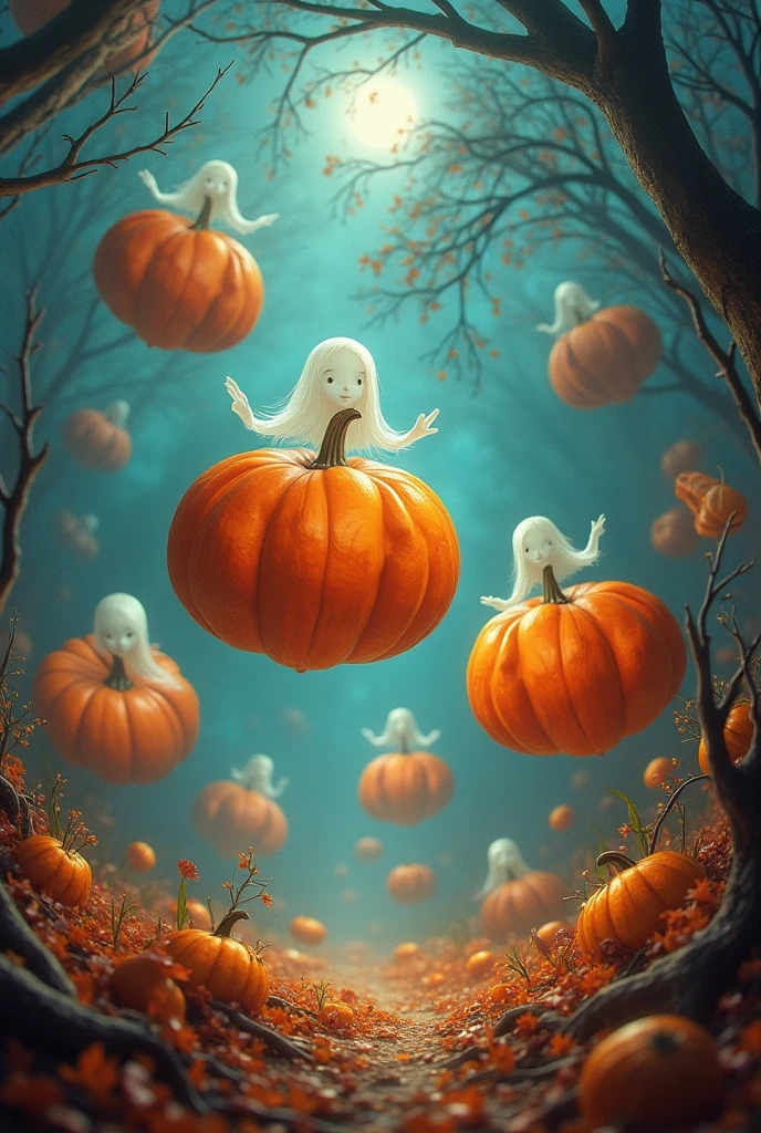 In a surreal style, from a worm's-eye view, pumpkins are floating in the air, and ghosts are emerging from them. The background is a swirl of colors and shapes, adding to the strangeness of the scene