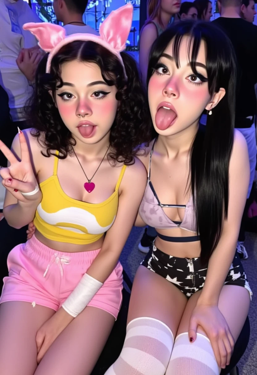 two young woman sticking their tongue out, sitting. two young woman, likely in their late teens, are seated in a discoteque. The background features people dancing. the woman on the left has light skin voluminous curly hair twintails. she wears cat ears, a yellow crop top with a white design , pink shorts and and striped thigh-high socks, with a white bandage on her left arm She has a heart-shaped pendant around her neck and is making a peace sign with her right hand. The woman on the right has light skin and long black hair styled in twintails. She wears a bikini top, a short skirt, and white thigh-high socks. She is sticking out her tongue and doing the ahegao expression playfully. The overall atmosphere is casual and playful, with a hint of edgy fashion and pop culture references.