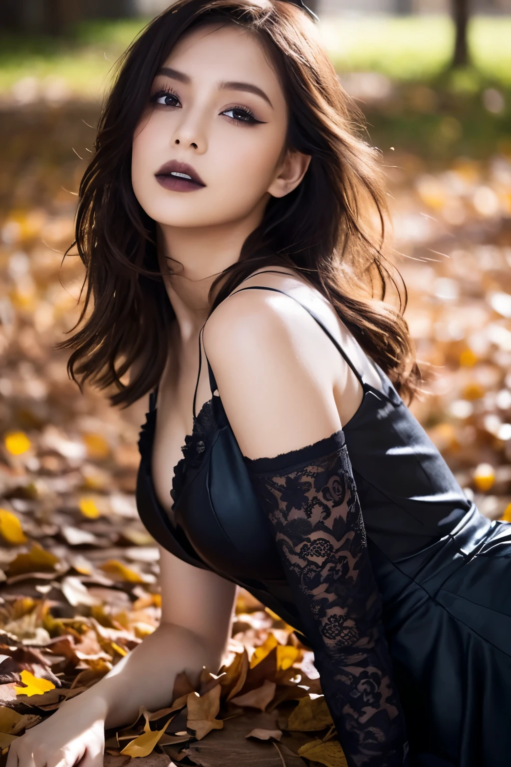  1 girl, ( She's wearing a gothic black dress :1.2), (Gothic Makeup),  A very beautiful portrait of a Japanese singer , (RAW Photo Best Quality), (Realistic, Realistic:1.4), (masterpiece), 
 very detailed , 2k wallpaper, wonderful, finely,  very detailed ,  CG Unity 8k Wallpaper ,  very detailed ,  Kampala, Soft light, 
 A beautiful girl carefully drawn in every detail ,  very detailed な目と顔, A beautiful and elegant nose,  beautiful beautiful eyes, Cinema Lighting, 
(Girl full body silhouette:1.2), (She is lying on fallen leaves covered like a carpet:1.2), ( Background of scattered fallen leaves surrounding a decaying castle:1.4), (Autumn leaves shining in the transmitted light of sunlight ), ( A vivid screen with intense contrasts :1.5),
( medium hair ), (Disheveled hair blowing in the wind), 
 perfect anatomy, Slender body, Small breasts, Thin legs